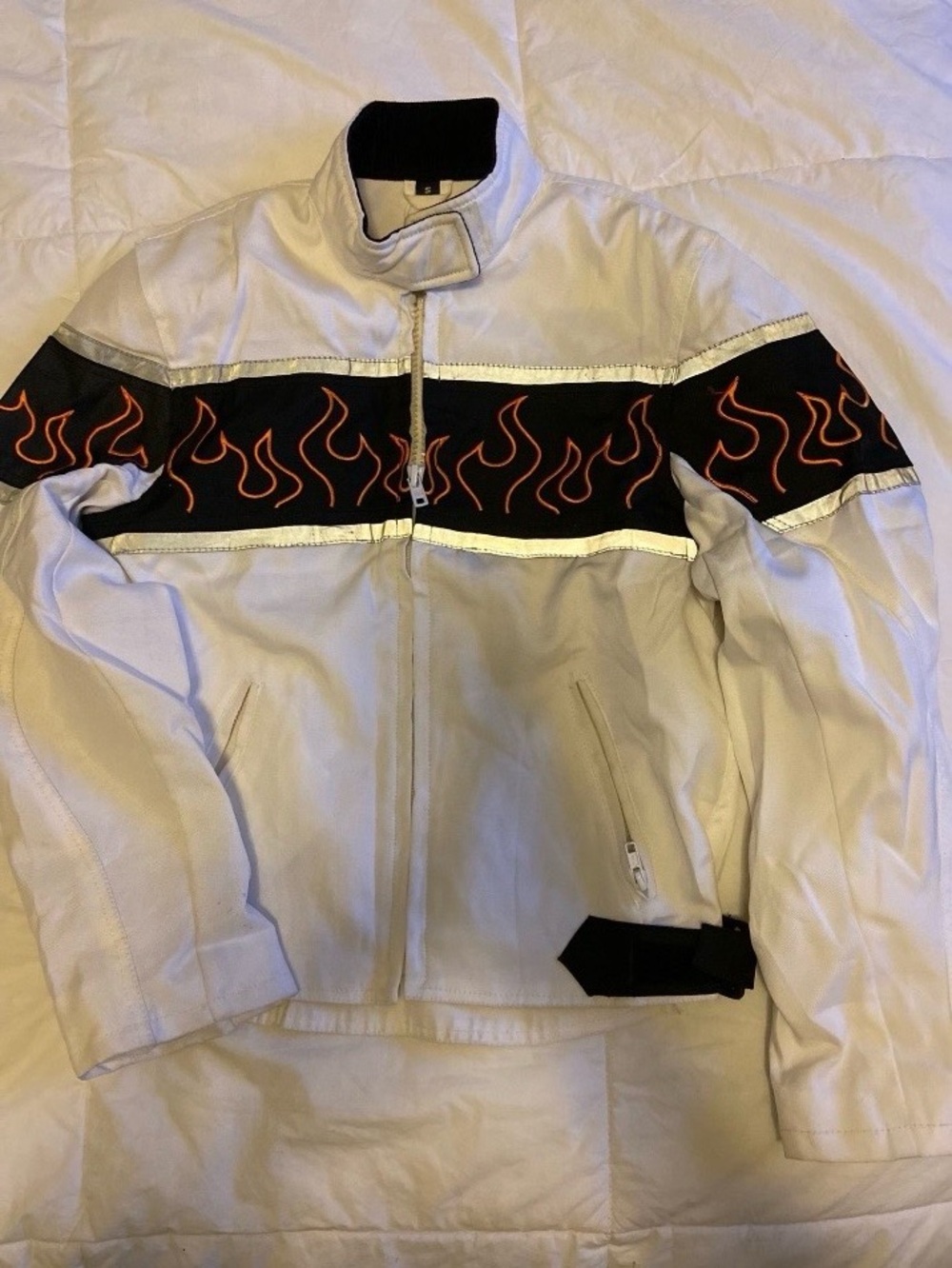 Women’s size small, White Jacket with Black Flame Panel motorcycle jacket